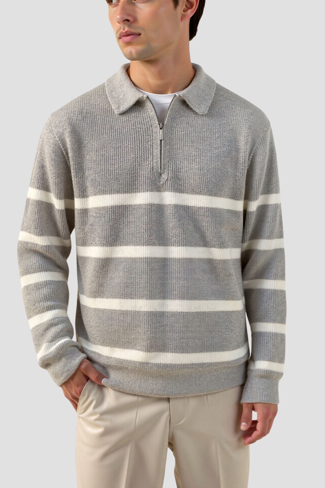 Gestreifter Strickpullover mit Reißverschlusskragen – Klassisch & Bequem